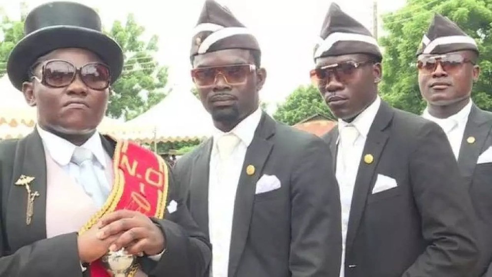 Dancing funeral coffin meme - 4 black guys dancing at funeral