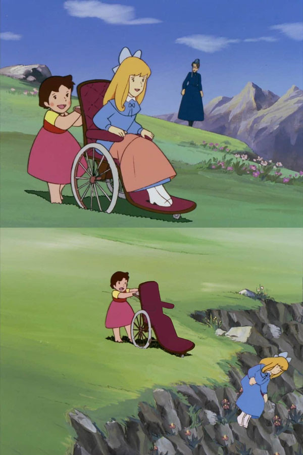 Girl in wheelchair thrown off the cliff meme