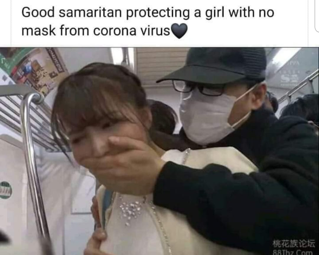 Good man protecting a girl with no mask from coronavirus