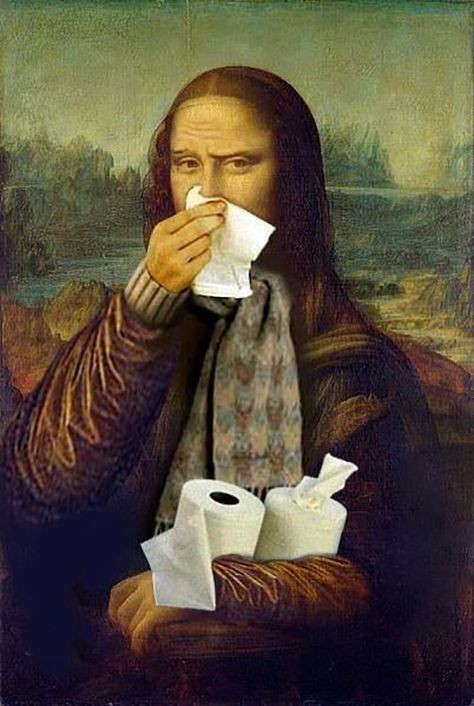 Mona Lisa uses tissue to wipe her nose