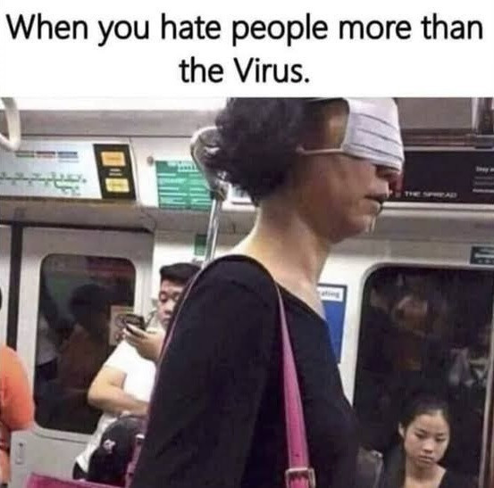 Woman using medical mask to cover eyes - When you hate people more than the virus