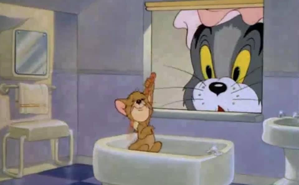 Tom watching Jerry taking a bath