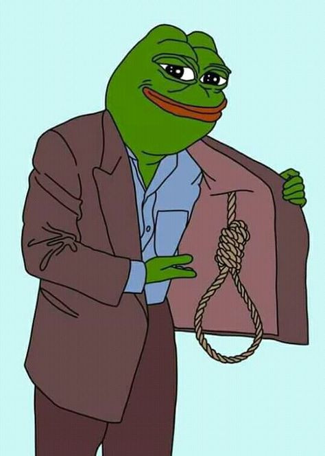 Pepe the Frog wearing a suit presenting a hang rope