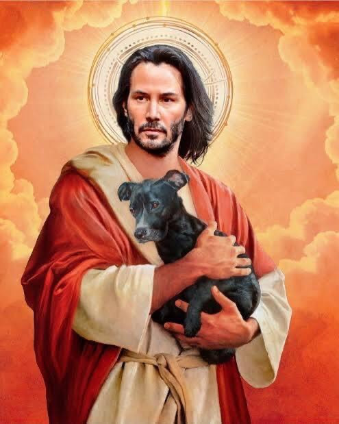God Keanu Reeves holding a dog meme
