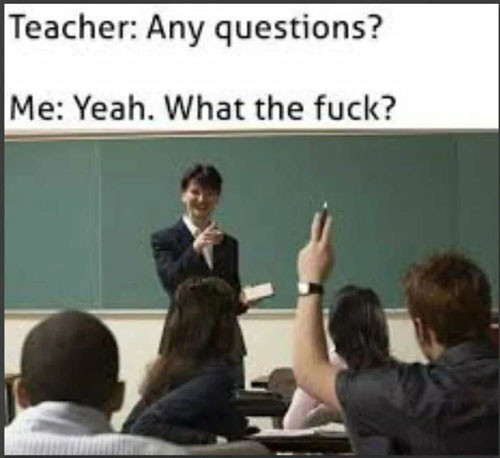 Teacher: Any questions? Me: Yeah what the fuck meme.