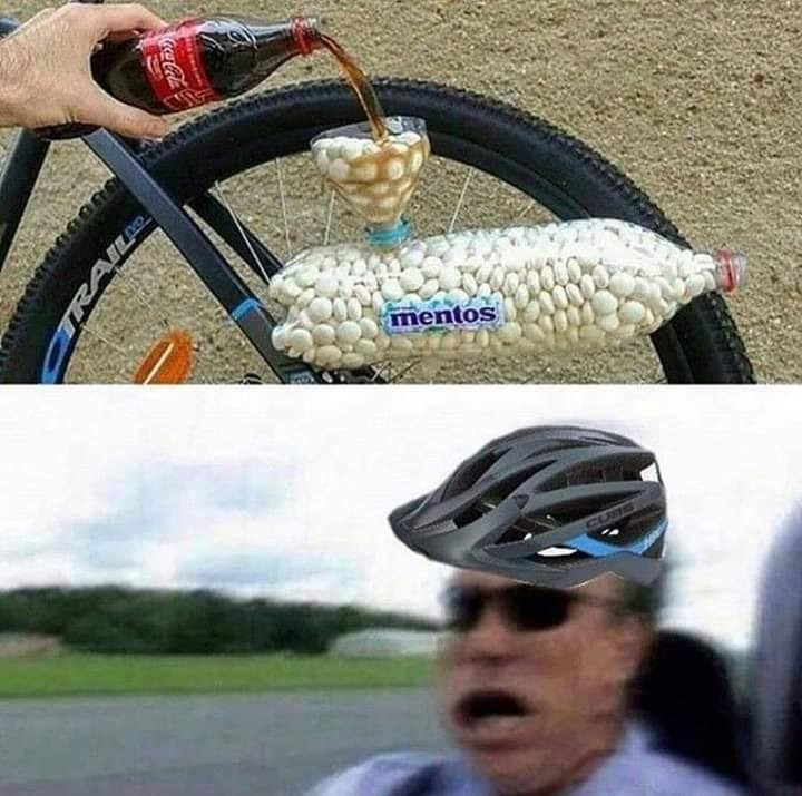 Pouring coke into mentos - man riding a super fast bicycle meme