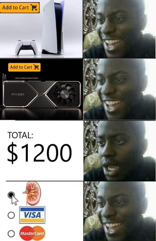 Happy black man buying PS5 with kidney payment option meme