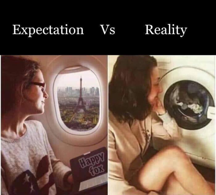 Looking out plane window vs washing machine door - Expectation vs Reality meme