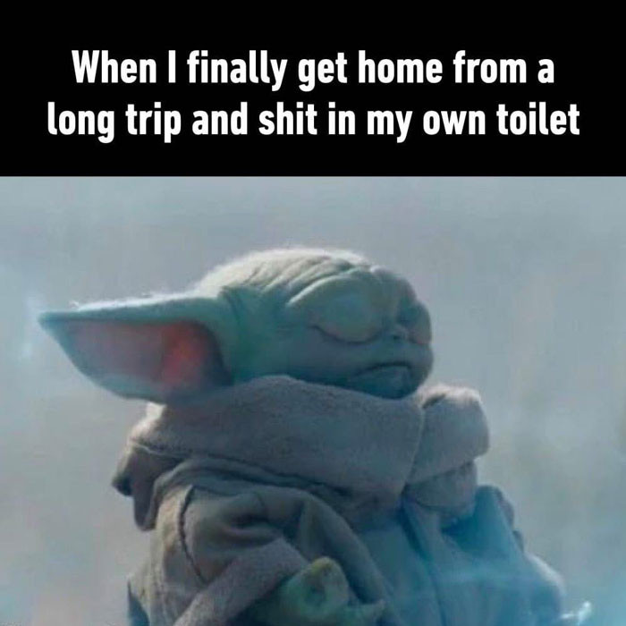 When I finally get home from a long trip and shit in my own toilet meme