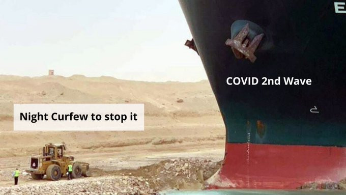 Night curfew to stop COVID 2nd wave is like this bulldozer vs Ever Given ship in Suez meme