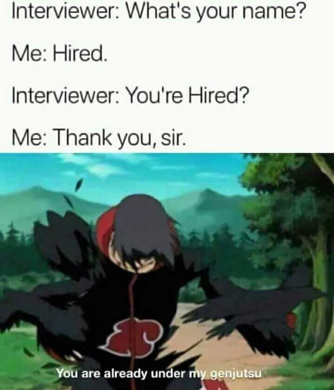 Interviewer: What's your name? Me: Hired. You're hired meme.