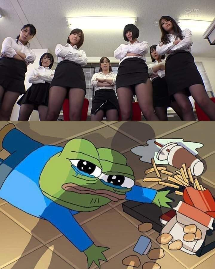 Pepe the frog falls before many Japanese girls looking down meme