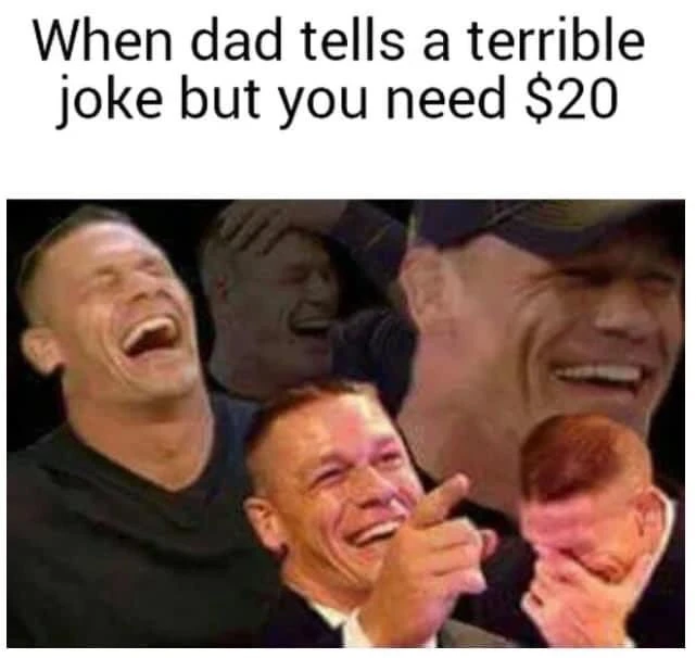 When your dad tells a terrible joke but you need $20 John Cena laughing meme