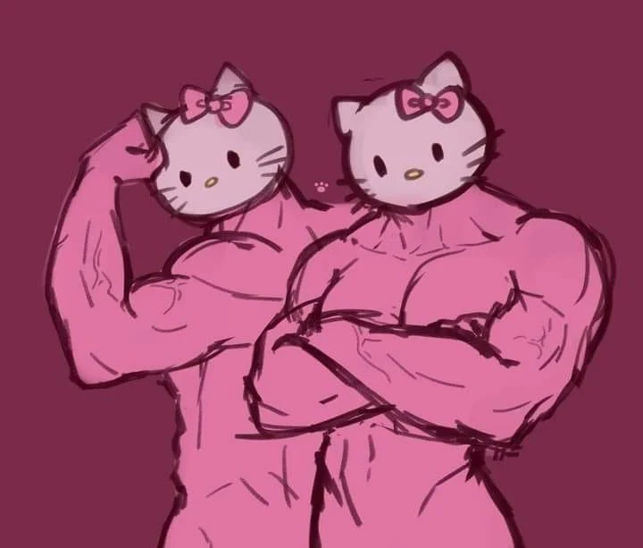 2 Hello Kitty cats in muscular men bodies meme
