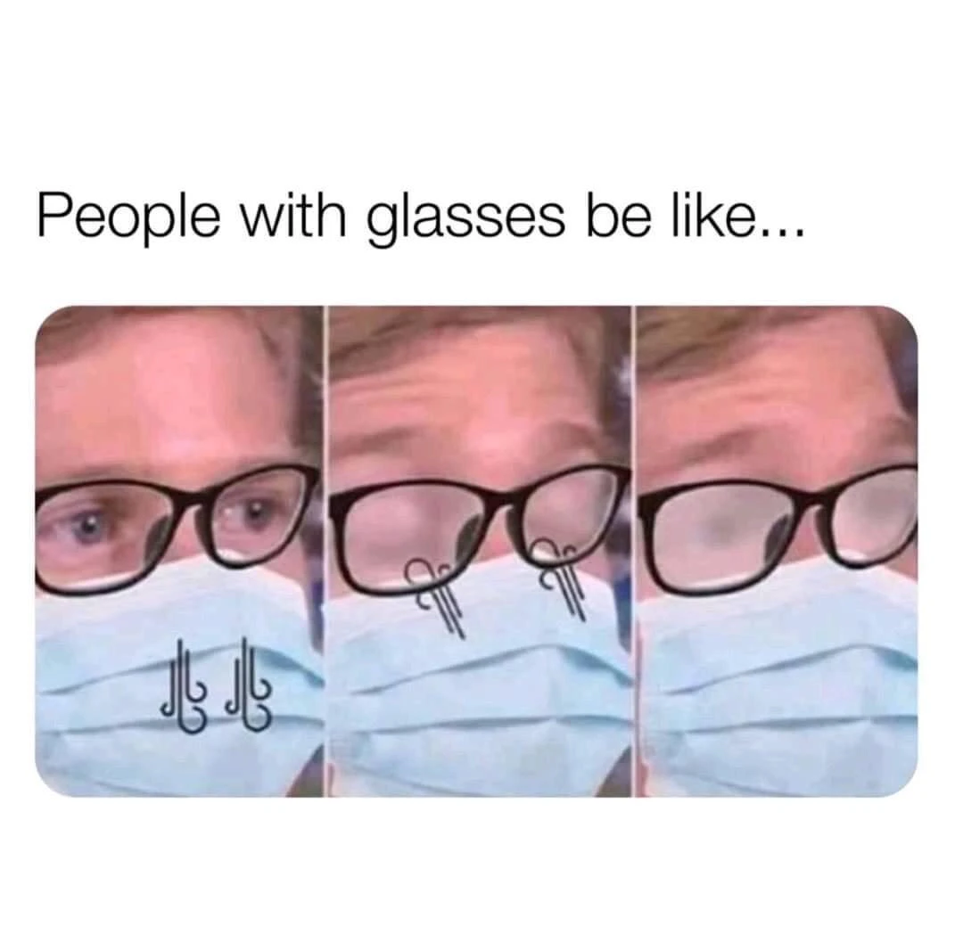 People with glasses wearing face mask blur meme