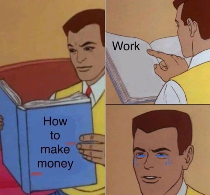 How to make money book - Work - man reading book then crying meme